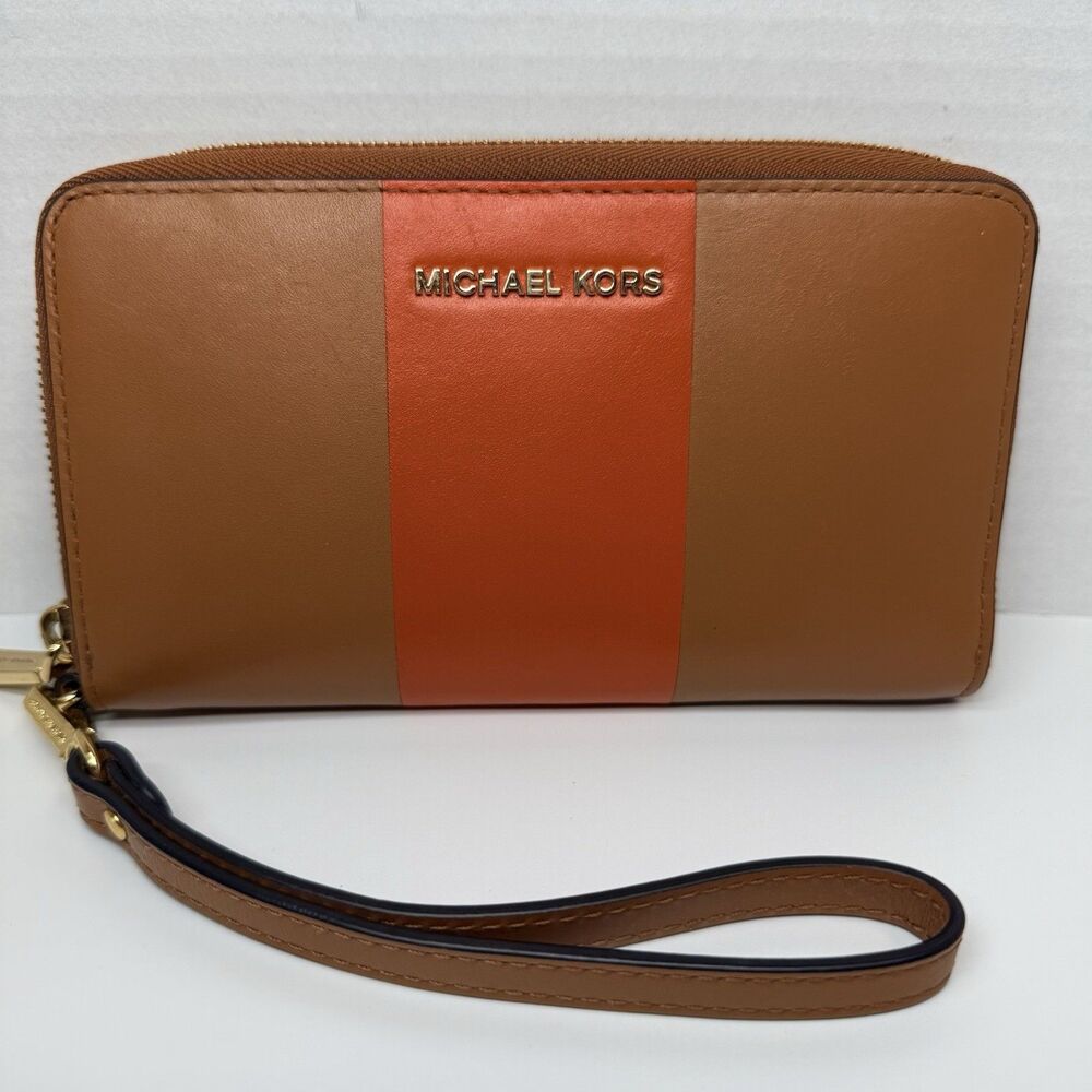 Michael Kors Jet Set Orange Stripe Zip Around Wristlet Brown Wallet Phone Case